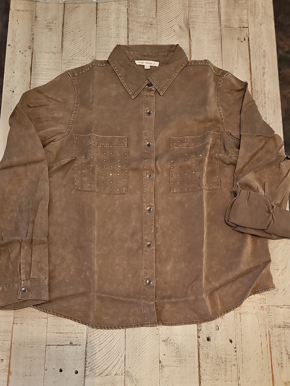 Stud-Accent Casual Button-Down Shirt in Taupe